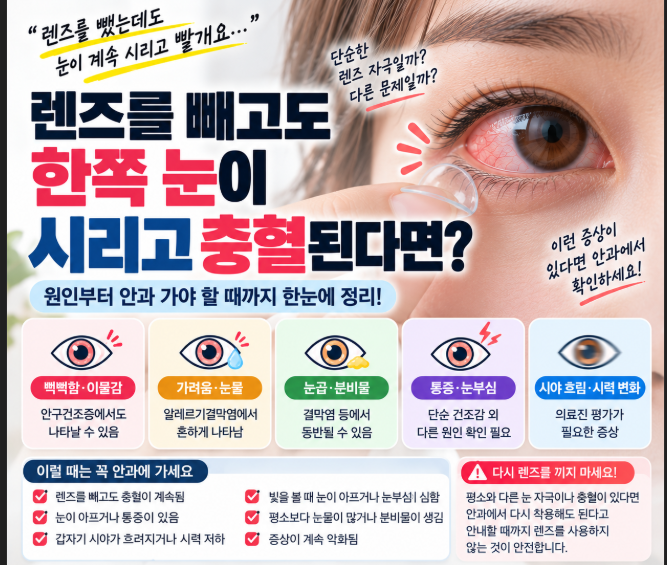 렌즈 빼고 나서 한쪽 눈 시림·충혈, 안과 가야 할 때 확인하기